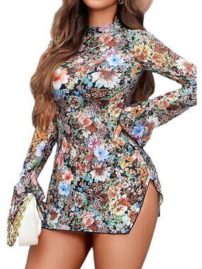 Women's Floral Turtle Neck Long Sleeve Pull On Casual Bodycon Mini Dresses